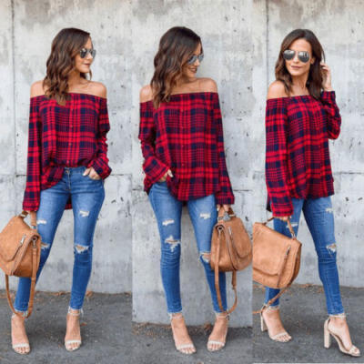 

Womens Off Shoulder Plaid Tops Long Sleeve Shirt Casual Blouse Loose T-shirt