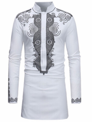 

Dashiki Stand Collar Mid-Length Slim Mens Shirt