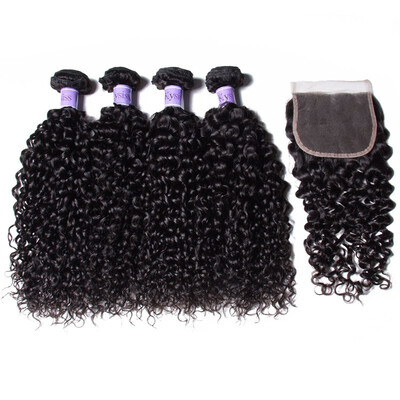 

UNice Hair Kysiss Virgin Series Indian Kinky Curly Human Hair 4 Bundles with Lace Closure 8-26" Brazilian Virgin Hair Weave