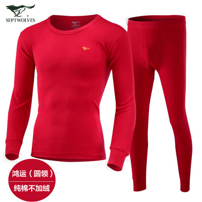 

Seven wolves thermal underwear mens cotton basic underwear mens autumn&winter thin autumn clothes long pants set red round neck XL 175100