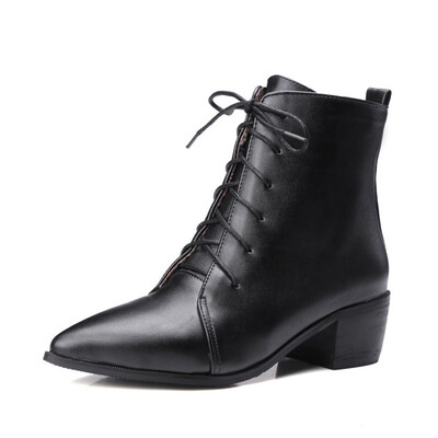 

IDIFU Womens Sexy Pointed Toe Blocked Mid Heel Lace-up Patent Leather Short Boots