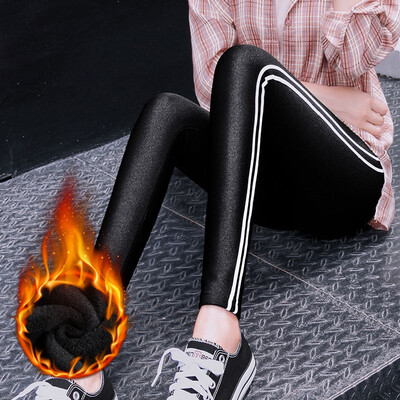 

Long Yue womens 2018 autumn&winter new Korean version of the gloss pants plus velvet thickening one leggings female feet nine pants LWKX189123 Ribbon black