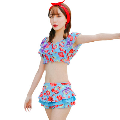 

Qiaohai QIHAI 6336-3 Korean version of the hot spring swimsuits female size chest steel tray gather skirt bikini split three-piece bikini swimwear lake blue M code