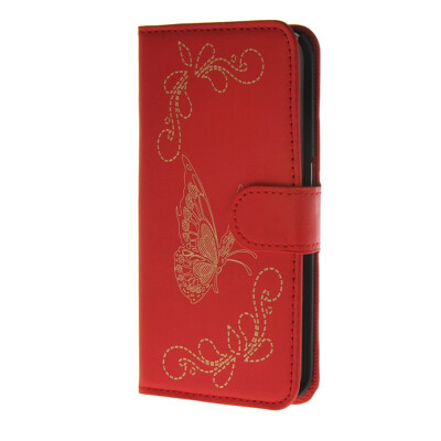 

MOONCASE Butterfly pattern Leather Wallet Flip Card Slot Bracket Back Case Cover for Samsung Galaxy S6 Edge Red