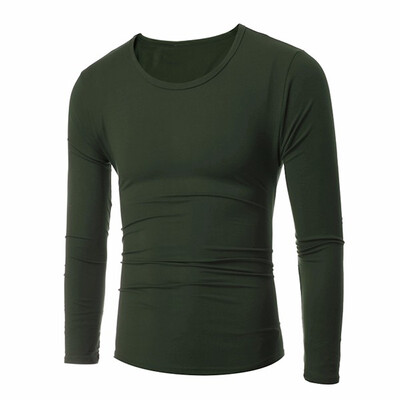 

Summer Spring Simple Shirt Long-sleeved Round Neck Mens Casual Slim Pure Color T-shirt