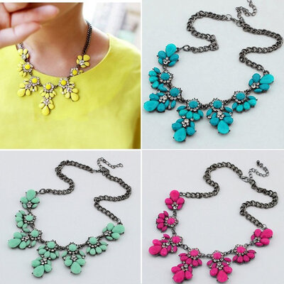 

New Fashion Womans Bib Choker Fluorescence Crystal Gem Flower Drop Necklace