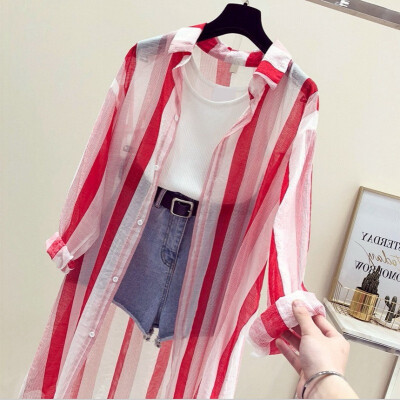 

New arrival women stripe shirt long sleeve long style Suntan wear coat