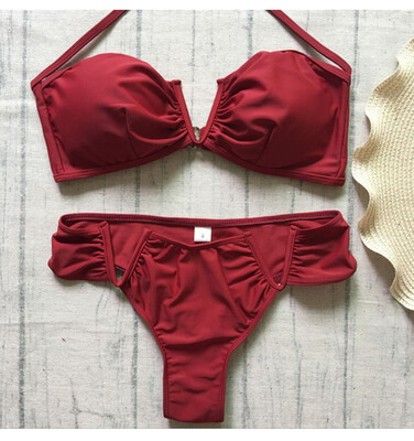 

Sexy Womens Swimsuit Red Chest Wrap Swim Wear Bikini Set Swimwear Women Swimsuit 2 Piece Steel Bracket