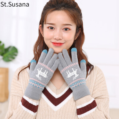 

St Susanna wool gloves female winter Korean cute student cartoon warm outdoor riding driving touch screen ladies gloves SSN890 gray one yard