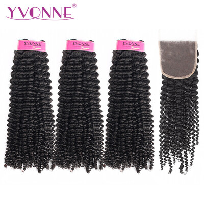 

Yvonne Kinky Curly Virgin Human Hair Bundles With Closure 3Pcs Brazilian Hair Weave Bundles With Closure 4x4 Natural Color
