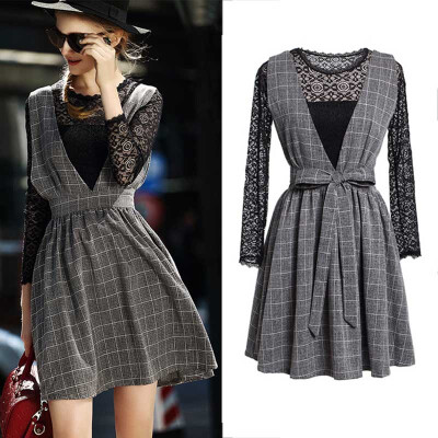 

Plus Size Dress Women's 2016 Spring New Sexy Lace Tops Two-Piece Lace Dress Long Sleeve Dress waist