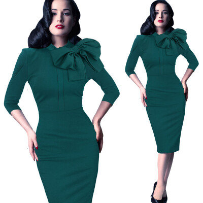 

2016 New Womens Elegant 1950s Vintage Pinup Retro Rockabilly 34 Sleeve Bow Party Work Sheath Bodycon Wiggle Pencil Dress