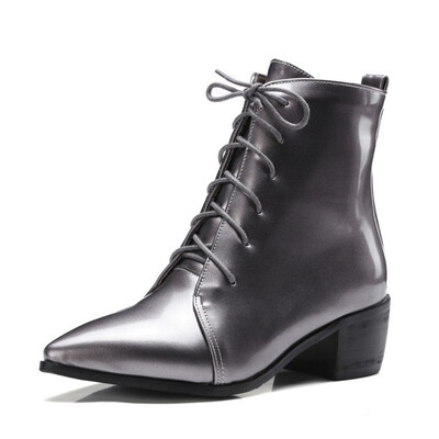 

IDIFU Womens Sexy Pointed Toe Blocked Mid Heel Lace-up Patent Leather Short Boots