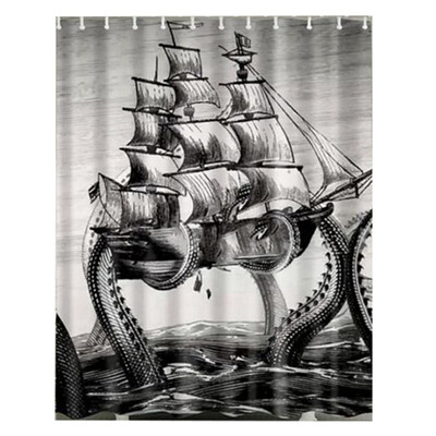 

UpperX Waterproof Fabric Bathroom Shower Curtain Sheer Panel Decor 12 Hooks Octopus sailboat