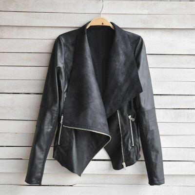 

Fashion Vintage Women Jacket PU Leather Patchwork Zipper Pocket Slim Short Motorcycle Coat Outerwear