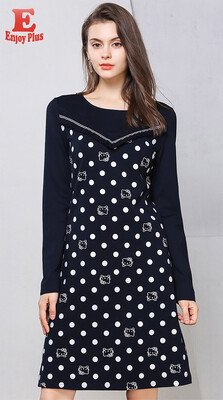 

L XL XXL 3XL 4XL 5XL plus size cotton casual autumn 2018 women dress long sleeve large size navy blue cat dot print elegant
