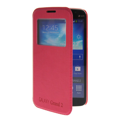 

MOONCASE View Window Leather Side Flip Pouch Stand Shell Back Case Cover for Samsung Galaxy Grand 2 G7106 Hot pink