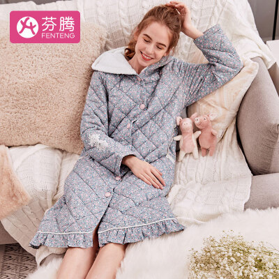 

Fenton quilted padded ladies pajamas nightdress 2018 autumn&winter new print hooded long-sleeved home service X98940022 gray bottom flower M