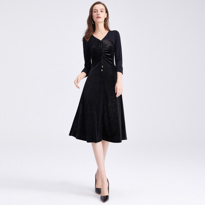 

Her pool womens 2018 autumn&winter new solid color V-neck retro wind slim slimming long dress T83H2024A10XL black