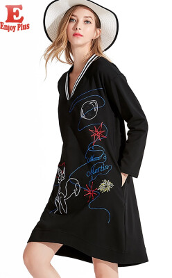 

L XL XXL 3XL 4XL 5XL plus size cotton autumn 2018 women dress long sleeve big size black V neck loose cartoon embroidery midi