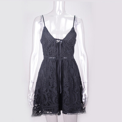 

PREISEI New Summer Women Sling Dress High Waist Sexy Slashes Irregular Lace Hollow Sleeveless A-line Dress PR17312