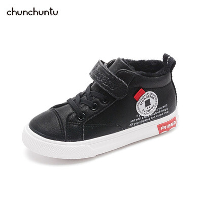

chunchuntu 2018 Winter Children Fashion High Top Sneaker Baby Girl Pu Leather Trainer Boy Black Sport Shoe Toddler 7013