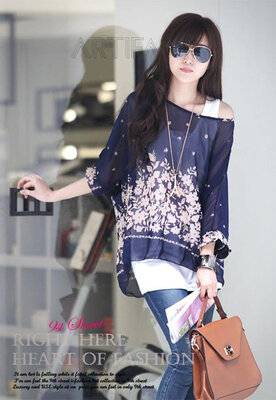 

Fashion Sexy Womens Bohemian O-neck Batwing Sleeve Loose-fitting Chiffon Casual Floral Blouse Shirt T-Shirt Tops