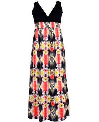 

Womens Summer Printing V Neck Maxi Dress Splice Waisted Dress