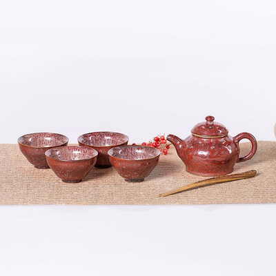 

Jian red fambed golden dots teaset
