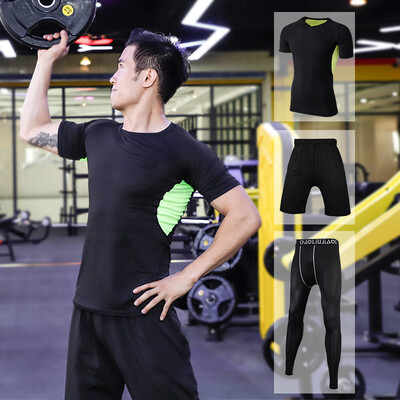 

Fan Dimu sports suit mens fitness clothing tight body quick-drying breathable moisture wicking running basketball suit fitness clothing male FNZ9001-mesh green - short-sleeved three-piece