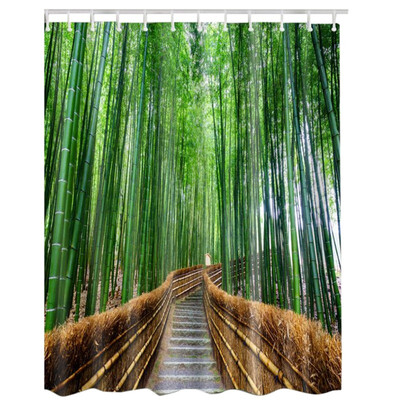 

UpperX Fabric Waterproof Bathroom Shower Curtain Panel Sheer Decor With Hooks SetBamboo forest path