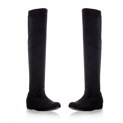 

IDIFU Womens Comfy Elastic Faux Suede Plain Round Toe Heighten Inside Slip on Over the Knee Boots Long