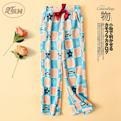 

Qingtong QingTong coral velvet sleep pants women autumn&winter flannel casual thick warm wool plush trousers loose home pants 96721 sky blue - square