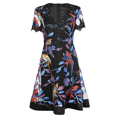 

Sexy Plunge Neck Short Sleeve Bird Floral Embroidery Spliced Lace Zipper Women A-line Dress