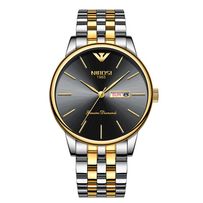 

Korean version of the gold double calendar solid steel belt watch butterfly snap depth waterproof mens watch
