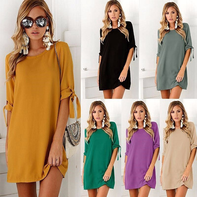 

2018 Spring Autumn Women Crew Neck Long Beam Sleeve Chiffon Loose Mini Dress Pullover Solid Color
