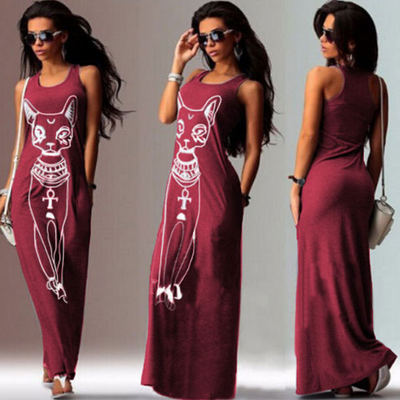 

Cotton Europe&the United States womens cartoon cat belt dress summer sexy bag buttocks show thin long skirt