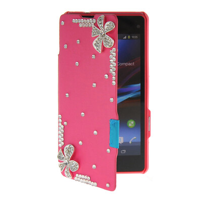 

MOONCASE Rhinestone Crystal Ultre Slim Leather Side Flip Wallet Back Case Cover for Sony Xperia Z1 Compact (Mini) Hot pink