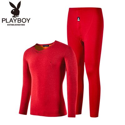 

Playboy thermal underwear mens suit plus velvet thick wool V-neck bottoming autumn clothes long pants warm suit male 8316 red XXL