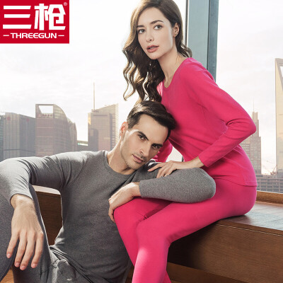 

Three guns thermal underwear female 2018 autumn&winter new product refreshing skin stretch elastic cotton round neck v-neck long-sleeved couple autumn clothing long pants mens suit female models rose red 2XL