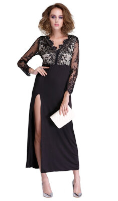 

New Womens Fashion Long Sleeve Lace Slit Dress Sexy Zipper Party Evening Dress