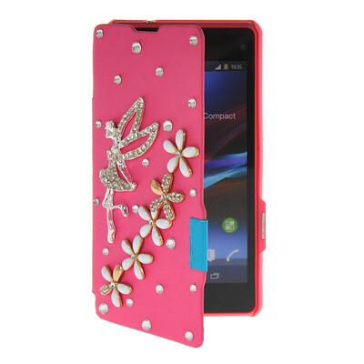 

MOONCASE Rhinestone Crystal Ultre Slim Leather Side Flip Wallet Back Case Cover for Sony Xperia Z1 Compact (Mini) Hot pink