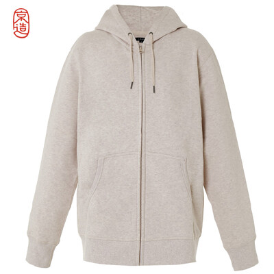 

JZAO mens sweater thick brushed sweater hooded zipper sweater beige gray M code