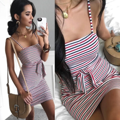 

Sexy Summer Fashion Lace Up Striped Back Bowknot Dress Sleeveless Slim Hip Dress