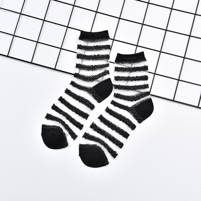 

LIONZONE Newly Women Korean Fashion Lace Ruffle Crystal Silk Ankle Sock Glass Black Sexy Thin Transparent Socks Wholesale