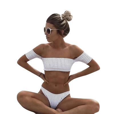 

Two Pieces Sexy Flat Shoulder Womens Swimming Suit Sexy Top Brief Swimwear Women Beach