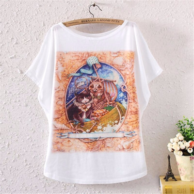 

Vintage Spring Summer Digital Printing Girl Womens Loose Short Batwing Sleeve T-shirt