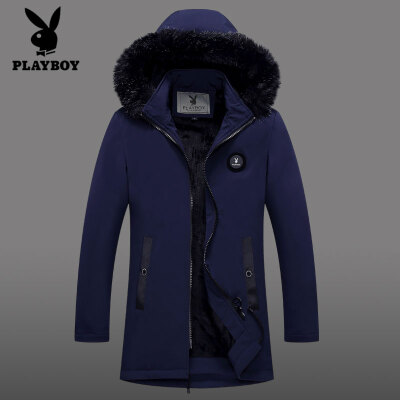 

Playboy cotton coat men 2018 winter new hooded youth casual cotton jacket mens slim body trend winter thick warm jacket in the long section fur collar SYZ88755 black