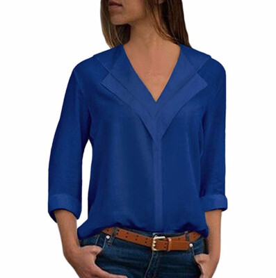 

2018 Women Ladies Sexy Solid V-neck Long Sleeve Shirt Tops