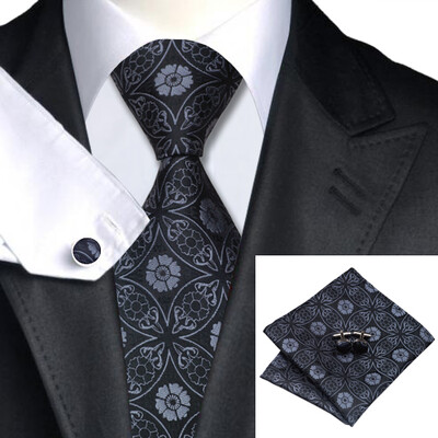 

N-0563 Vogue Men Silk Tie Set Black Floral Prints Necktie Handkerchief Cufflinks Set Ties For Men Formal Wedding Business wholesale